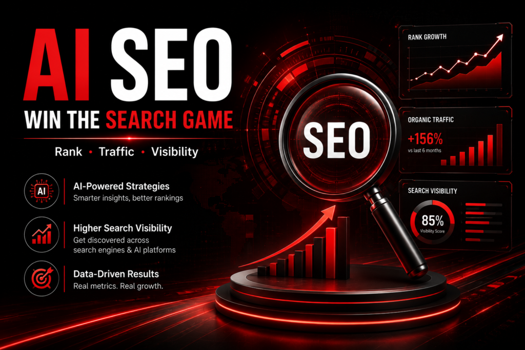 AI SEO services with black and red futuristic SEO analytics design