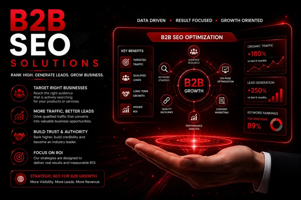 B2B SEO services with black and red SEO optimization dashboard
