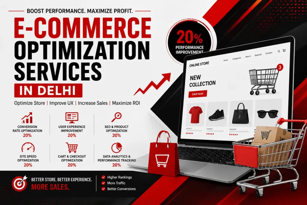 E-Commerce Optimization Services in Delhi banner showcasing conversion rate optimization, user experience improvement, SEO optimization, site speed optimization, cart and checkout optimization, and data analytics in a red and black theme