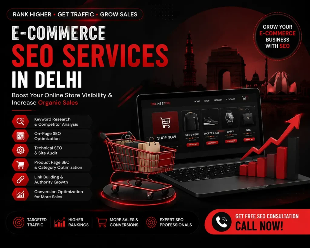 **File Name (SEO-Friendly):** `ecommerce-seo-services-in-delhi-red-black-theme.webp` **Alt Text:** `E-Commerce SEO Services in Delhi with red and black theme featuring online store optimization, keyword research, technical SEO, product page SEO, and organic sales growth.`
