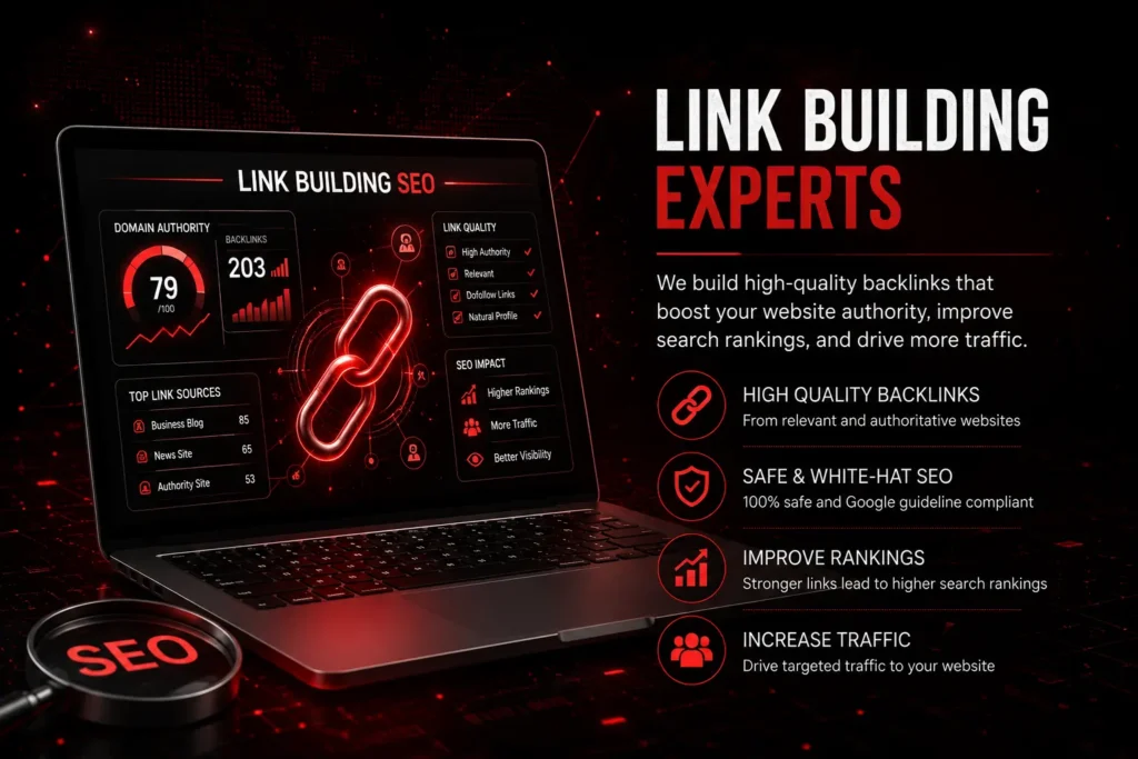 Link building SEO services for high-quality backlinks, improved website authority, higher search rankings, and increased traffic