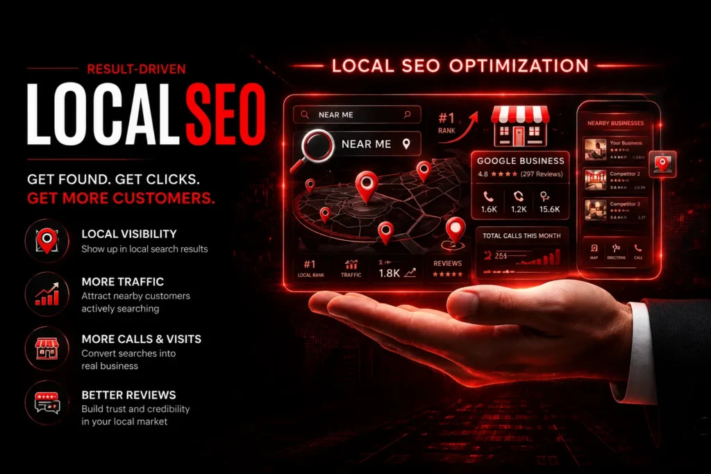 Local SEO services with black and red digital marketing analytics design