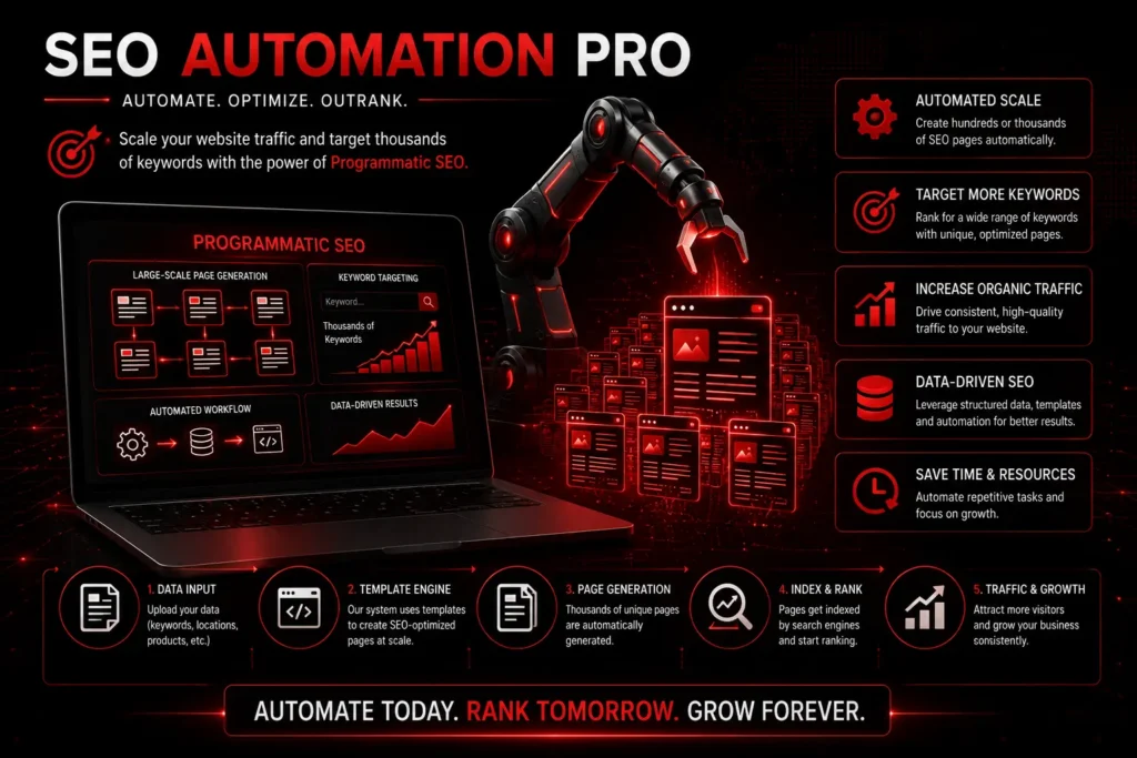 Programmatic SEO automation services for large-scale page generation, keyword targeting, organic traffic growth, and automated SEO workflows