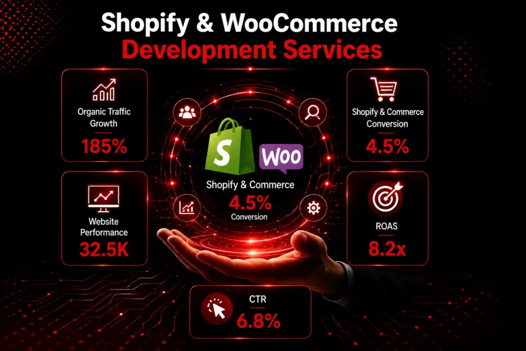 Black and red Shopify and WooCommerce development services infographic showing e-commerce growth metrics, conversion rate, website performance, ROAS, and CTR around Shopify and WooCommerce logos.
