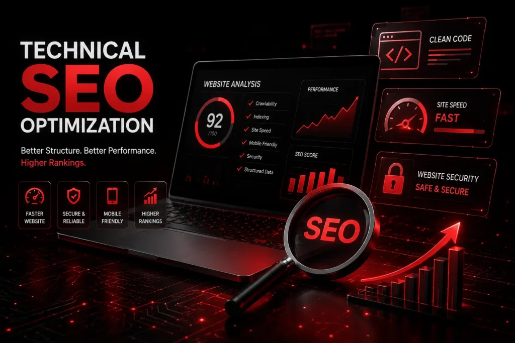 Technical SEO Optimization services with website analysis, SEO score, site speed, security, and ranking analytics