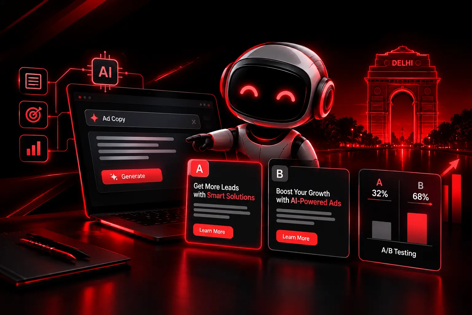 AI-powered ad copy generation and A/B testing in Delhi, featuring a futuristic chatbot, digital advertising panels, analytics, and India Gate with a black and red technology theme.
