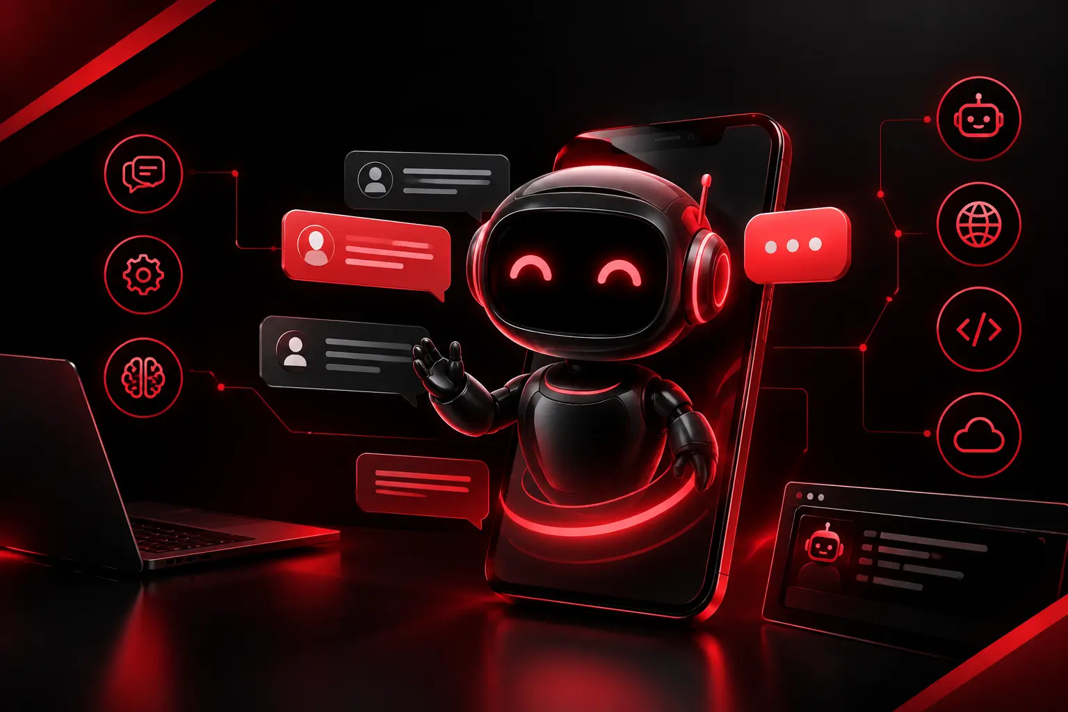 AI chatbot development services featuring a futuristic chatbot robot, digital chat interfaces, and red glowing technology elements on a black background.