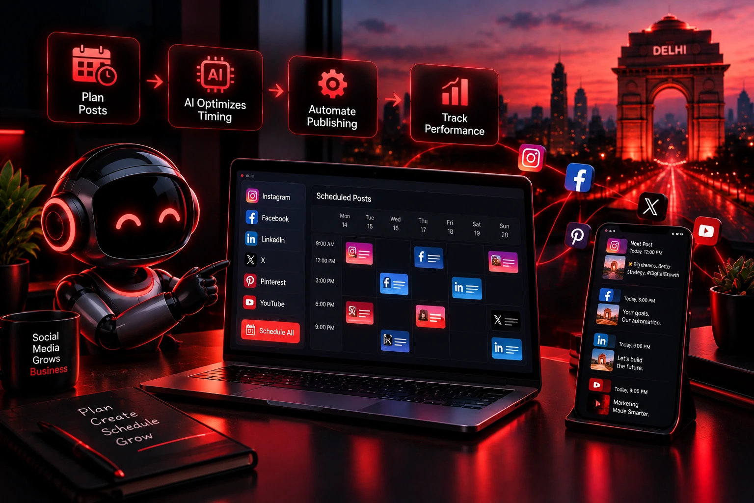 AI social media scheduling and automation in Delhi featuring a content calendar, automated publishing workflow, social media platforms, AI assistant, and Delhi skyline in a black-and-red theme.