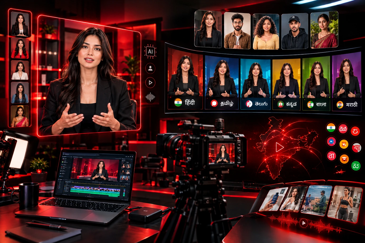 AI avatar video production studio featuring multilingual presenters, UGC content creators, professional cameras, and advanced video editing in a futuristic red-and-black setup.