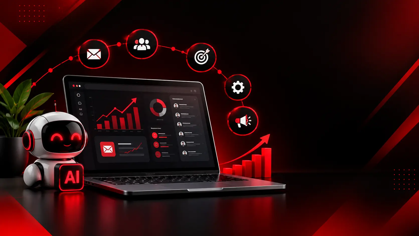 AI marketing automation with laptop, analytics dashboard, automation icons, and growth chart in a black and red theme.
