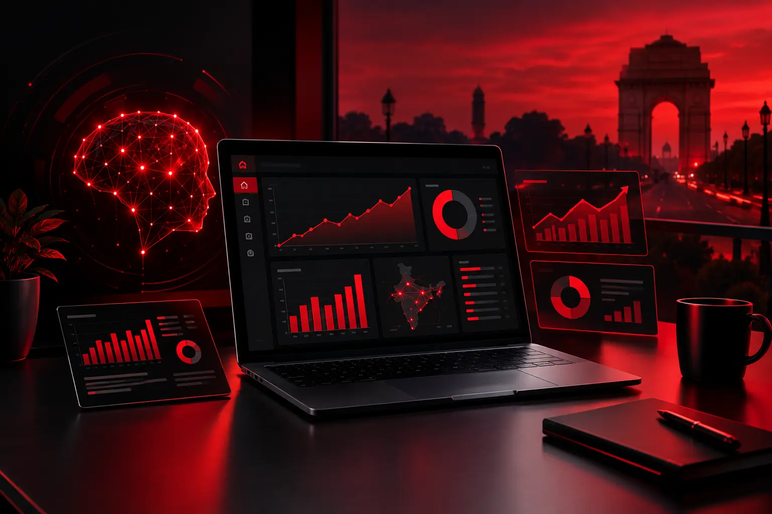 AI predictive analytics and reporting dashboard in a black and red futuristic workspace with charts, data visualizations, and Delhi skyline in the background.