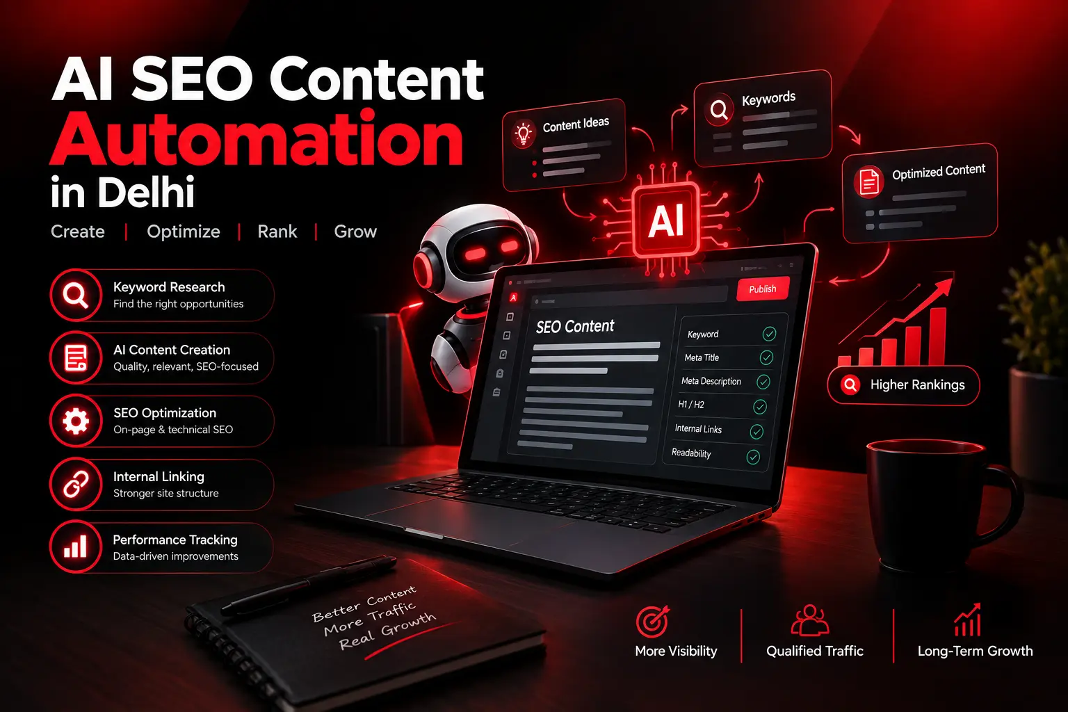 AI SEO Content Automation in Delhi for automated content creation, keyword research, SEO optimization, internal linking, and content performance tracking.