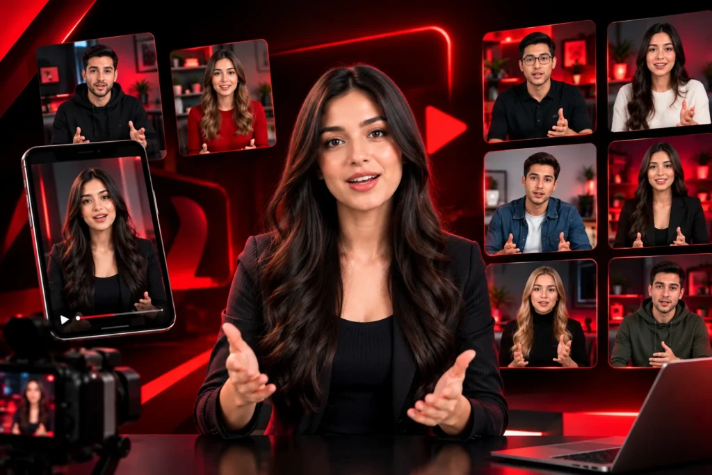AI avatar video production with multiple virtual presenters in a modern studio.