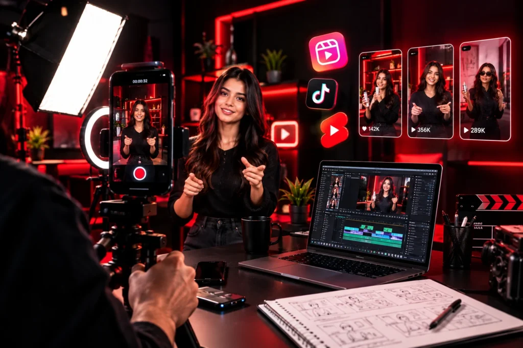 Content creator filming social media reels and short-form videos in a professional red-and-black studio setup.