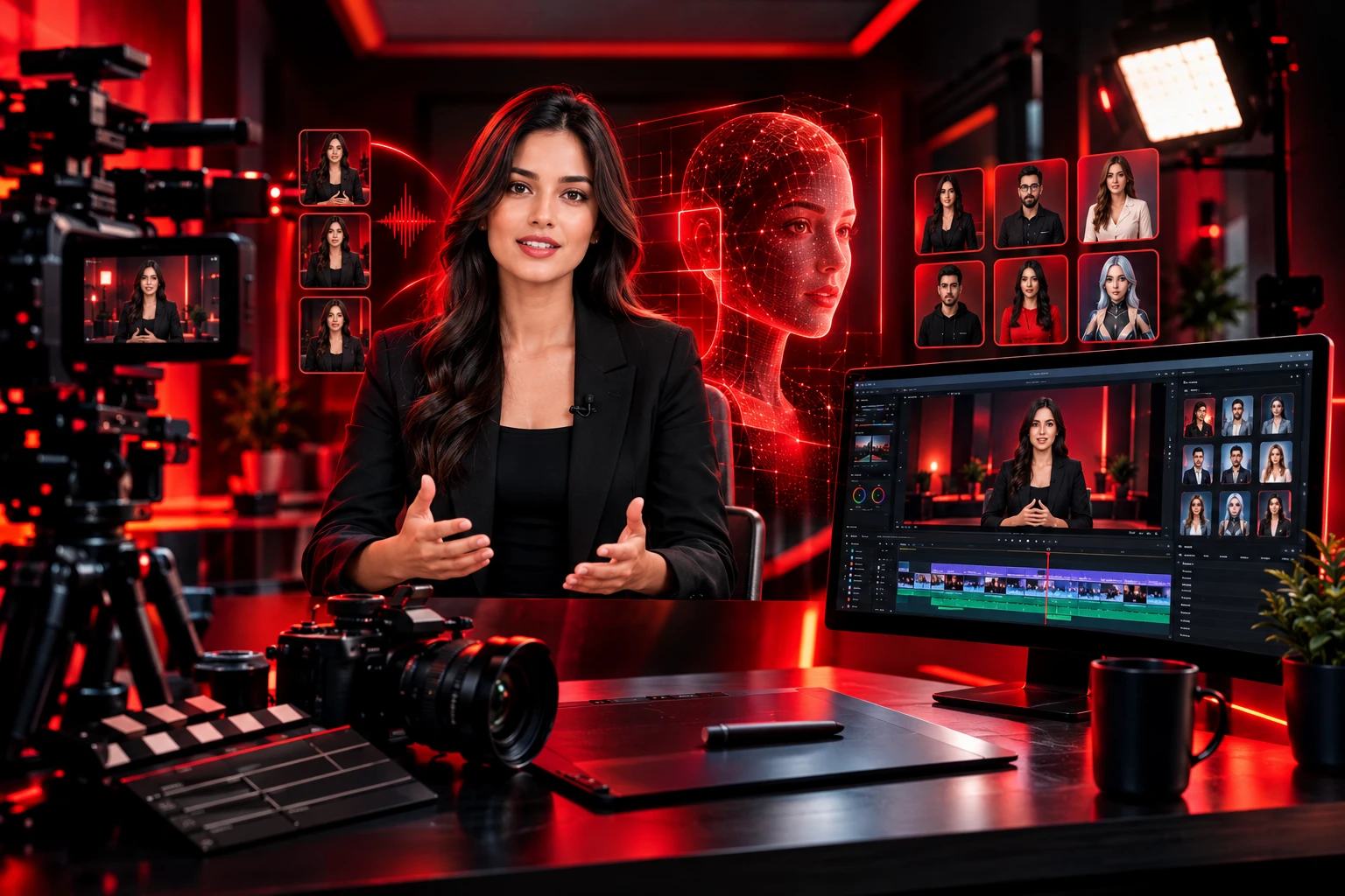 AI-powered video production studio with virtual avatars, professional cameras, and advanced video editing workspace in a red-and-black theme.