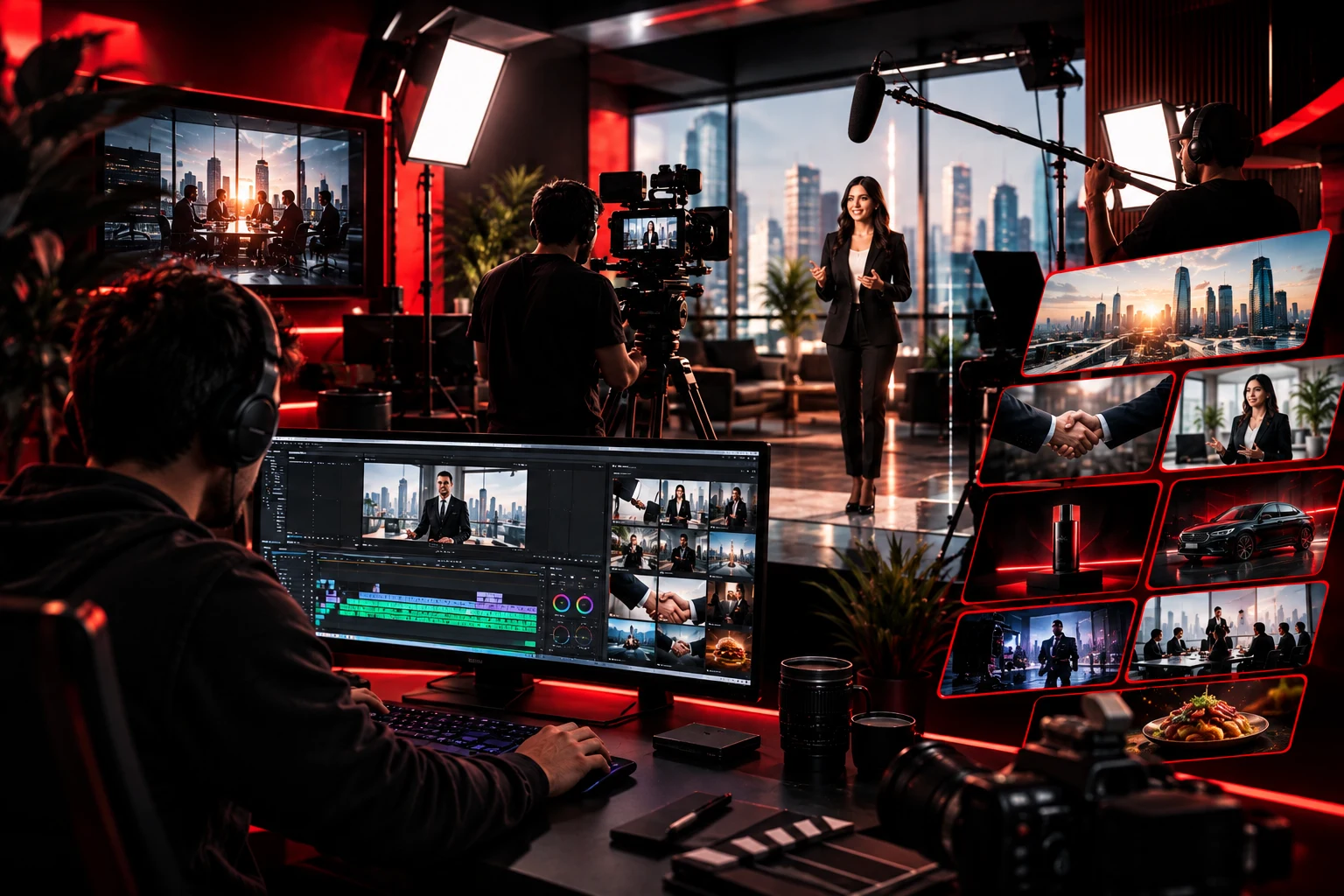 Corporate video production studio with filming crew, presenter, cameras, and professional editing setup in a red and black cinematic environment.