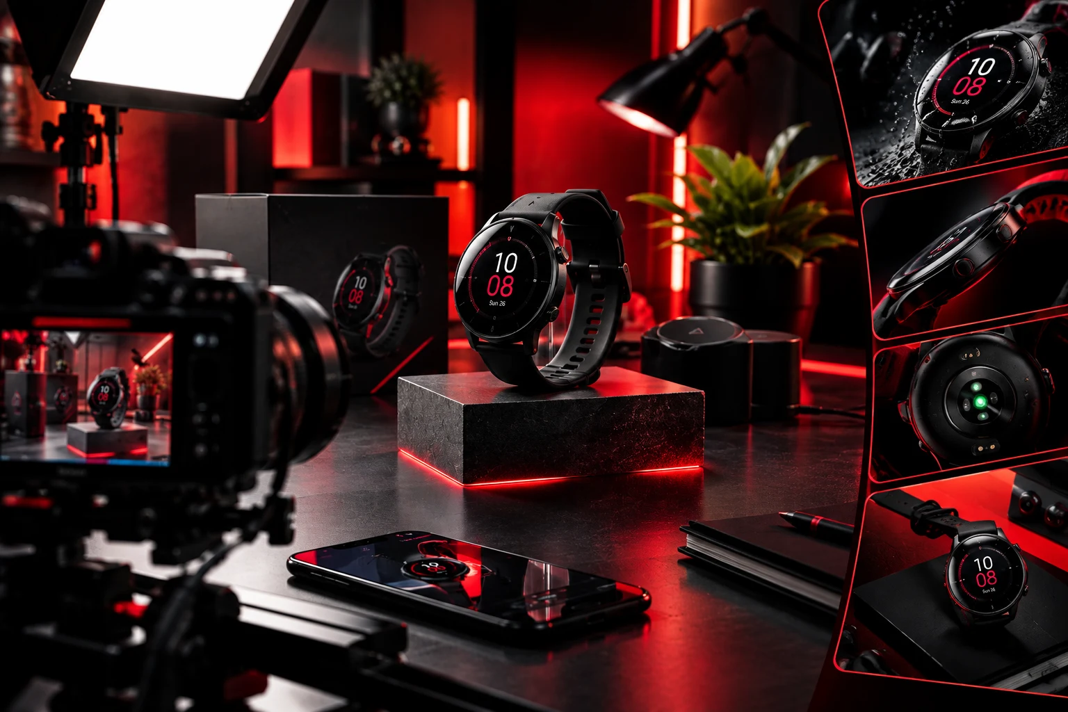 Professional e-commerce product video shoot setup with premium product display, camera equipment, and dramatic red-black studio lighting.