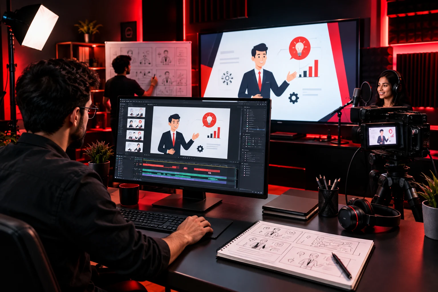 Professional explainer video production workspace with animation editing, storyboarding, and voiceover recording in a modern red-and-black studio.