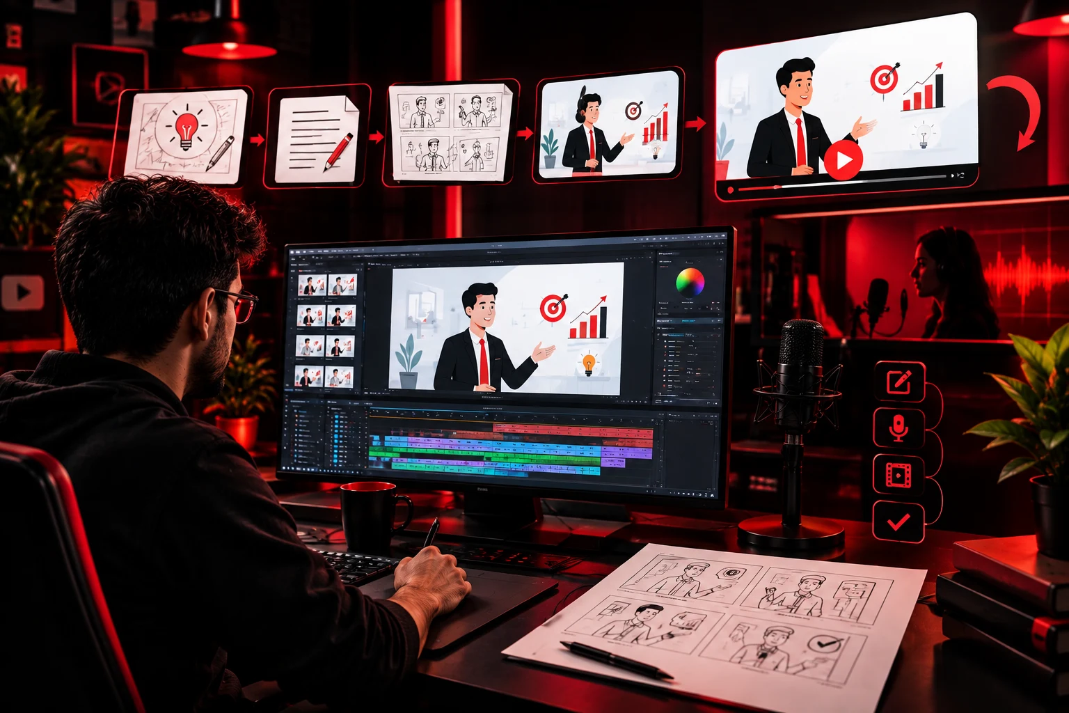 Creative explainer video production workflow with storyboard, animation design, voiceover recording, and video editing in a modern red and black studio.