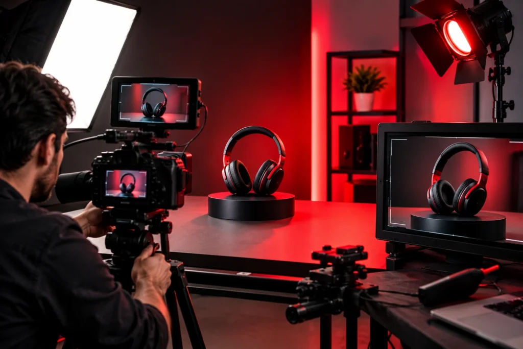Professional product video production setup featuring a premium product displayed on a studio platform, surrounded by cameras, monitors, lighting equipment, and cinematic red-and-black lighting for high-quality commercial content creation.