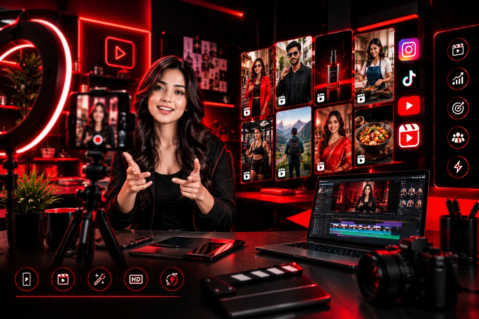Content creator filming social media reels in a red-and-black studio with cameras, editing tools, and digital content previews.