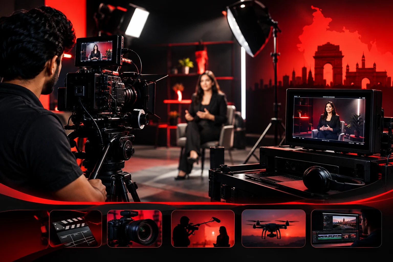 Professional video production studio setup with cameras, lighting, video monitors, and cinematic red-and-black visuals.