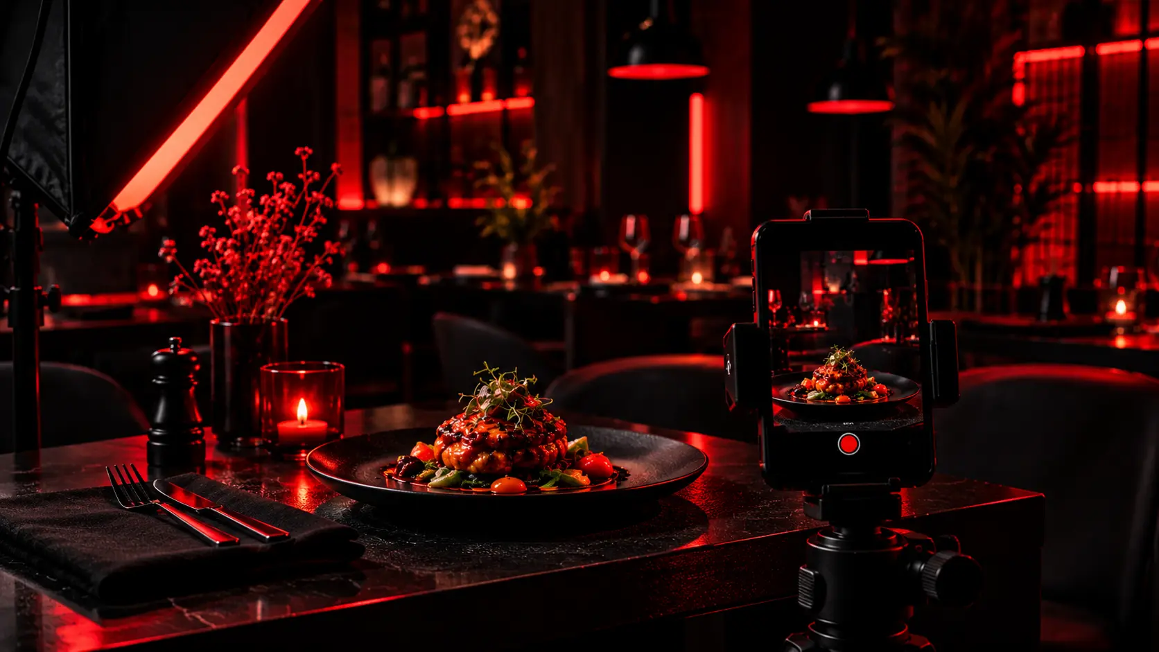 Professional restaurant reels shoot with food and smartphone camera setup in red and black theme