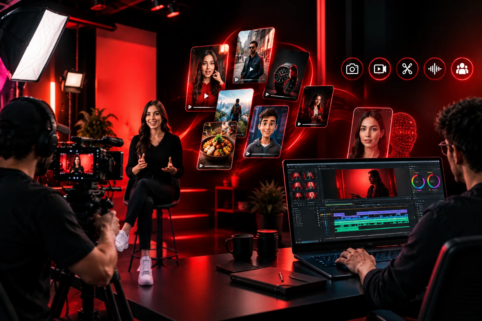 White-label video production studio with filming, editing, and digital content creation in a red-and-black theme.
